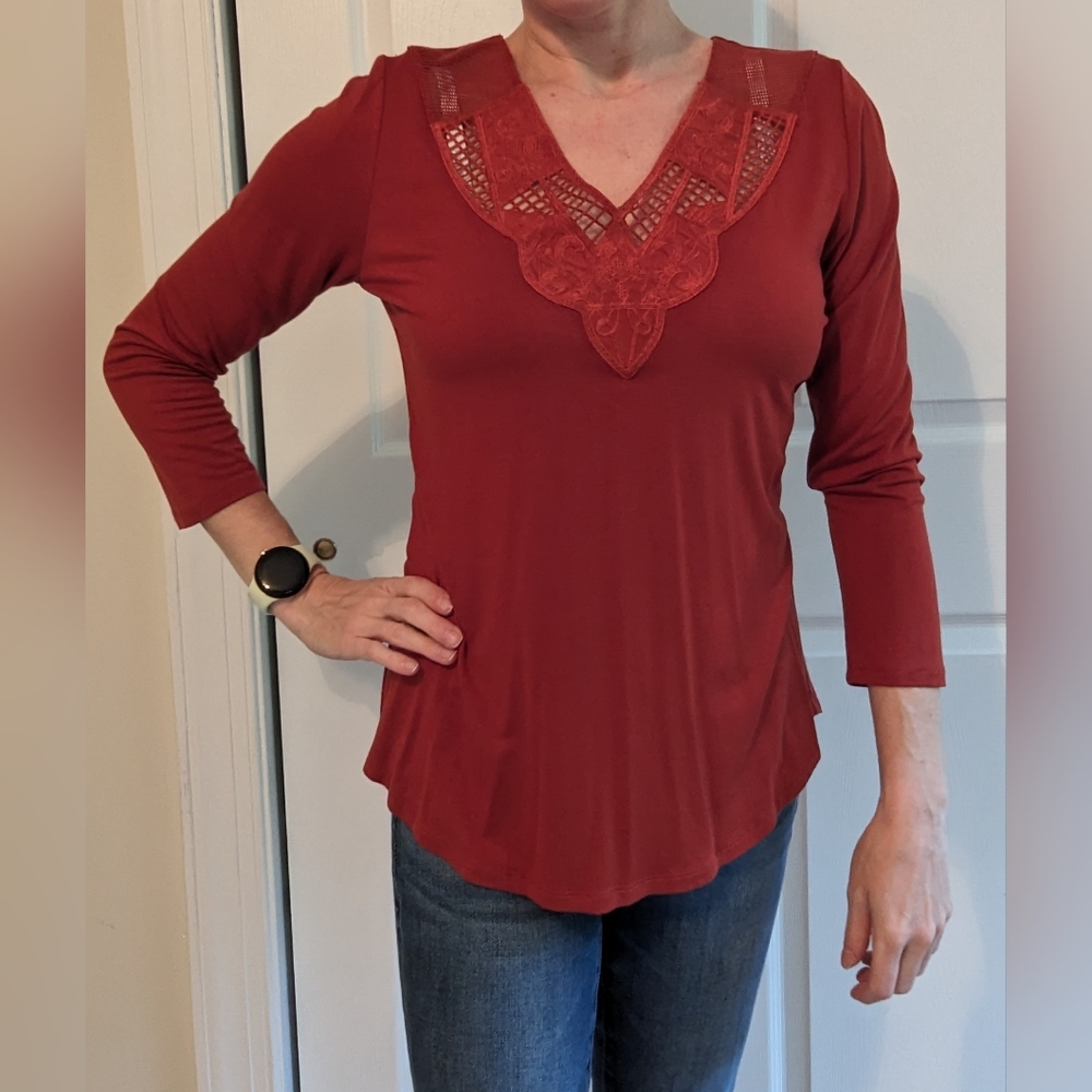 NWT | Daniel Rainn | Venesha Crochet Detail Knit Top | Orange | S